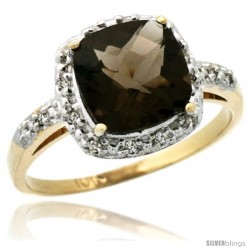 10k Yellow Gold Diamond Smoky Topaz Ring 2.08 ct Cushion cut 8 mm Stone 1/2 in wide