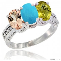 10K White Gold Natural Morganite, Turquoise & Lemon Quartz Ring 3-Stone Oval 7x5 mm Diamond Accent