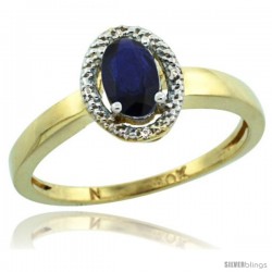 10k Yellow Gold Diamond Halo Quality Blue Sapphire Ring 0.64 Carat Oval Shape 6X4 mm, 3/8 in (9mm) wide