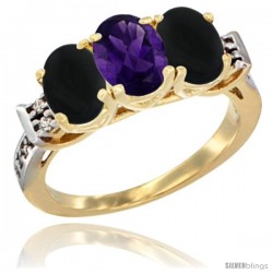 10K Yellow Gold Natural Amethyst & Black Onyx Sides Ring 3-Stone Oval 7x5 mm Diamond Accent