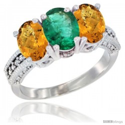 10K White Gold Natural Emerald & Whisky Quartz Sides Ring 3-Stone Oval 7x5 mm Diamond Accent