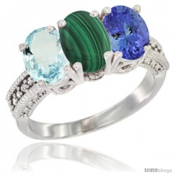 14K White Gold Natural Aquamarine, Malachite & Tanzanite Ring 3-Stone Oval 7x5 mm Diamond Accent