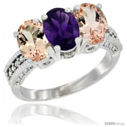 14K White Gold Natural Amethyst & Morganite Sides Ring 3-Stone Oval 7x5 mm Diamond Accent