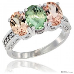 14K White Gold Natural Green Amethyst & Morganite Sides Ring 3-Stone Oval 7x5 mm Diamond Accent