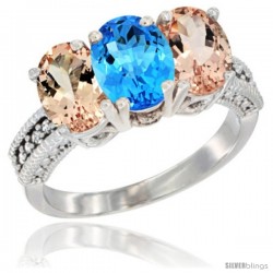 14K White Gold Natural Swiss Blue Topaz & Morganite Sides Ring 3-Stone Oval 7x5 mm Diamond Accent