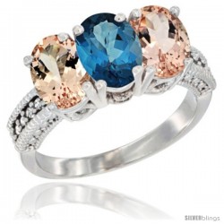 14K White Gold Natural London Blue Topaz & Morganite Sides Ring 3-Stone Oval 7x5 mm Diamond Accent