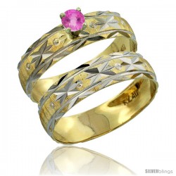 10k Gold Ladies' 2-Piece 0.25 Carat Pink Sapphire Engagement Ring Set Diamond-cut Pattern Rhodium Accent, 3/16 -Style 10y506e2