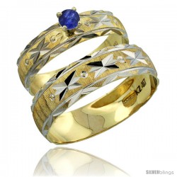 10k Gold 2-Piece 0.25 Carat Deep Blue Sapphire Ring Set (Engagement Ring & Man's Wedding Band) Diamond-cut -Style 10y506em