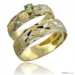 10k Gold 2-Piece 0.25 Carat Green Sapphire Ring Set (Engagement Ring & Man's Wedding Band) Diamond-cut Pattern -Style 10y506em