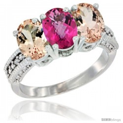 14K White Gold Natural Pink Topaz & Morganite Sides Ring 3-Stone Oval 7x5 mm Diamond Accent