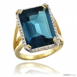 14k Yellow Gold Diamond London Blue Topaz Ring 14.96 ct Emerald shape 18x13 Stone 13/16 in wide