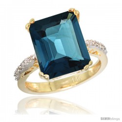 14k Yellow Gold Diamond London Blue Topaz Ring 5.83 ct Emerald Shape 12x10 Stone 1/2 in wide