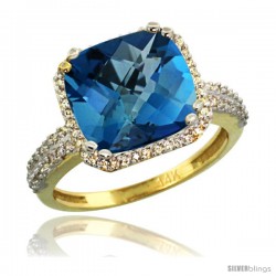 14k Yellow Gold Diamond Halo London Blue Topaz Ring Checkerboard Cushion 11 mm 5.85 ct 1/2 in wide