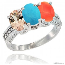 10K White Gold Natural Morganite, Turquoise & Coral Ring 3-Stone Oval 7x5 mm Diamond Accent