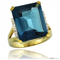 14k Yellow Gold Diamond London Blue Topaz Ring 12 ct Emerald Cut 16x12 stone 3/4 in wide