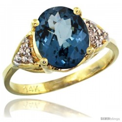 14k Yellow Gold Diamond London Blue Topaz Ring 2.40 ct Oval 10x8 Stone 3/8 in wide