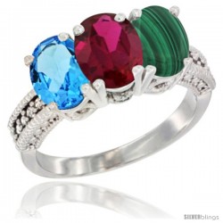 14K White Gold Natural Swiss Blue Topaz, Ruby & Malachite Ring 3-Stone 7x5 mm Oval Diamond Accent