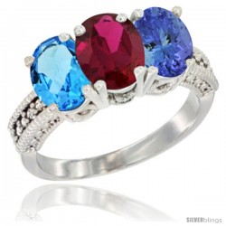 14K White Gold Natural Swiss Blue Topaz, Ruby & Tanzanite Ring 3-Stone 7x5 mm Oval Diamond Accent