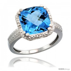 14k White Gold Diamond Swiss Blue Topaz Ring 5.94 ct Checkerboard Cushion 11 mm Stone 1/2 in wide