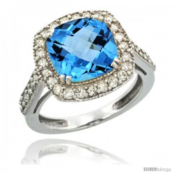 14k White Gold Diamond Halo Swiss Blue Topaz Ring Checkerboard Cushion 9 mm 2.4 ct 1/2 in wide