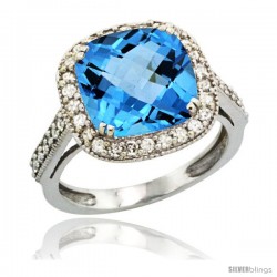 14k White Gold Diamond Halo Swiss Blue Topaz Ring Cushion Shape 10 mm 4.5 ct 1/2 in wide