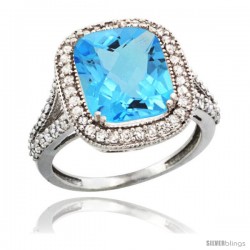 14k White Gold Diamond Halo Swiss Blue Topaz Ring Checkerboard Cushion 12x10 4.8 ct 3/4 in wide