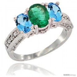 14k White Gold Ladies Oval Natural Emerald 3-Stone Ring with Swiss Blue Topaz Sides Diamond Accent