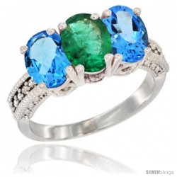 14K White Gold Natural Emerald & Swiss Blue Topaz Sides Ring 3-Stone 7x5 mm Oval Diamond Accent