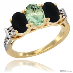 10K Yellow Gold Natural Green Amethyst & Black Onyx Sides Ring 3-Stone Oval 7x5 mm Diamond Accent