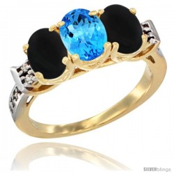 10K Yellow Gold Natural Swiss Blue Topaz & Black Onyx Sides Ring 3-Stone Oval 7x5 mm Diamond Accent