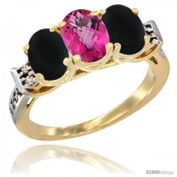 10K Yellow Gold Natural Pink Topaz & Black Onyx Sides Ring 3-Stone Oval 7x5 mm Diamond Accent