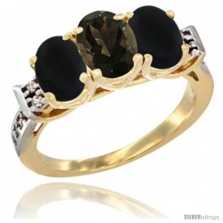 10K Yellow Gold Natural Smoky Topaz & Black Onyx Sides Ring 3-Stone Oval 7x5 mm Diamond Accent