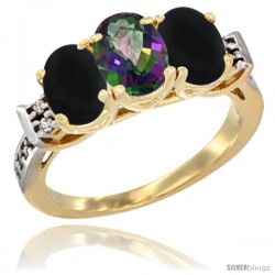 10K Yellow Gold Natural Mystic Topaz & Black Onyx Sides Ring 3-Stone Oval 7x5 mm Diamond Accent