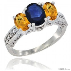 10K White Gold Ladies Oval Natural Blue Sapphire 3-Stone Ring with Whisky Quartz Sides Diamond Accent