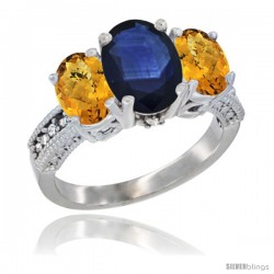 10K White Gold Ladies Natural Blue Sapphire Oval 3 Stone Ring with Whisky Quartz Sides Diamond Accent