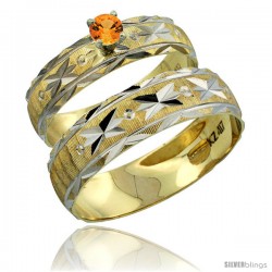 10k Gold 2-Piece 0.25 Carat Orange Sapphire Ring Set (Engagement Ring & Man's Wedding Band) Diamond-cut Pattern -Style 10y506em