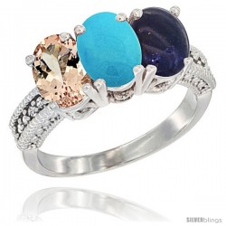 10K White Gold Natural Morganite, Turquoise & Lapis Ring 3-Stone Oval 7x5 mm Diamond Accent