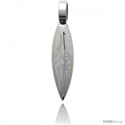 Stainless Steel Surfboard Pendant w/ Tribal Sun Design, 1 3/4 in (44 mm) tall, w/ 30 in Chain