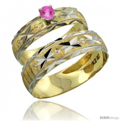 10k Gold 2-Piece 0.25 Carat Pink Sapphire Ring Set (Engagement Ring & Man's Wedding Band) Diamond-cut Pattern -Style 10y506em