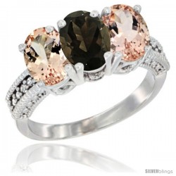 14K White Gold Natural Smoky Topaz & Morganite Sides Ring 3-Stone Oval 7x5 mm Diamond Accent