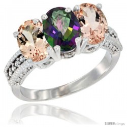 14K White Gold Natural Mystic Topaz & Morganite Sides Ring 3-Stone Oval 7x5 mm Diamond Accent