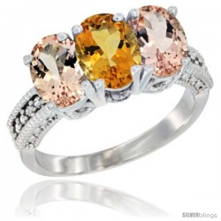 14K White Gold Natural Citrine & Morganite Sides Ring 3-Stone Oval 7x5 mm Diamond Accent