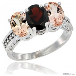 14K White Gold Natural Garnet & Morganite Sides Ring 3-Stone Oval 7x5 mm Diamond Accent