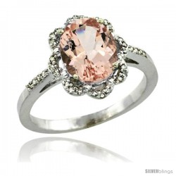 14k White Gold Diamond Halo Morganite Ring 1.7 Carat Oval Shape 9X7 mm, 7/16 in (11mm) wide