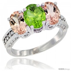 14K White Gold Natural Peridot & Morganite Sides Ring 3-Stone Oval 7x5 mm Diamond Accent