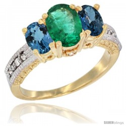 14k Yellow Gold Ladies Oval Natural Emerald 3-Stone Ring with London Blue Topaz Sides Diamond Accent