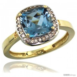 14k Yellow Gold Diamond London Blue Topaz Ring 2.08 ct Checkerboard Cushion 8mm Stone 1/2.08 in wide