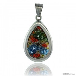 Stainless Steel Millefiori Teardrop Pendant, 1 1/4 in tall, w/ 30 in Chain