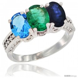 14K White Gold Natural Swiss Blue Topaz, Emerald & Blue Sapphire Ring 3-Stone 7x5 mm Oval Diamond Accent