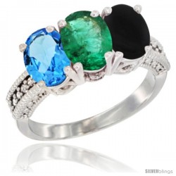 14K White Gold Natural Swiss Blue Topaz, Emerald & Black Onyx Ring 3-Stone 7x5 mm Oval Diamond Accent